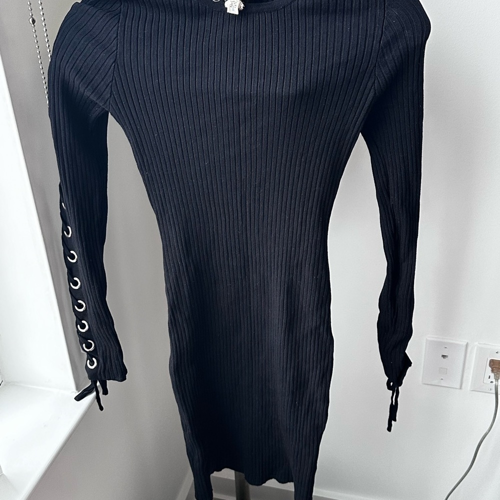 Black Ribbed Mini Sheath Dress with Long Mock Neck Sleeves